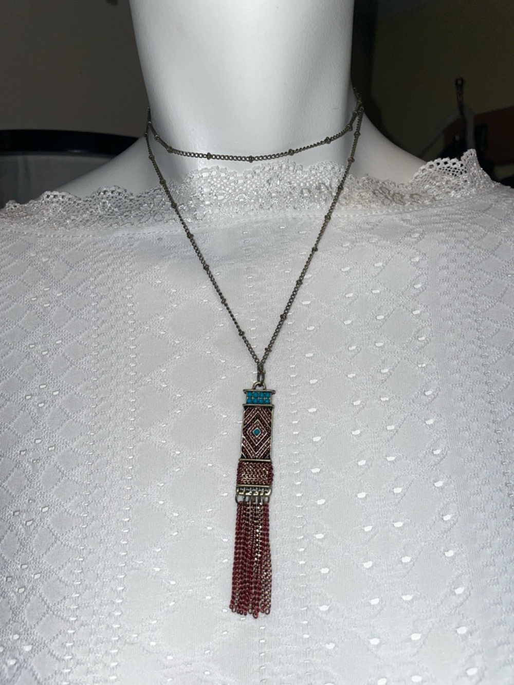 Boho Geometric Tassel Necklace Fall Statement Pendant Artisan Beaded Chain Layer
